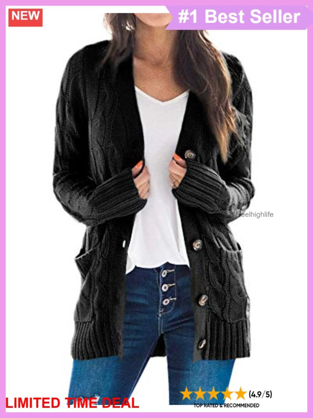Cable Knit Open Front Button Down Cardigan Long Sleeve Sweater Coat